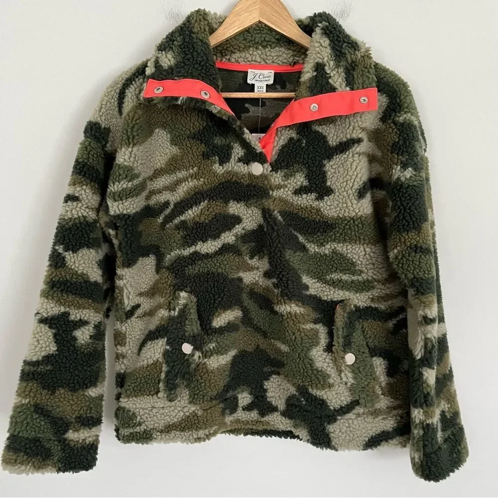 NWT J. Crew Camo Snap-Collar Sherpa Pullover Fleece Sweatshirt, Size XXS